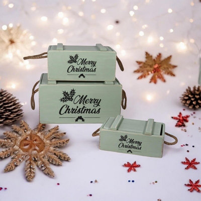 Crates with Lids Rope Han (Set of 3) - Wood - Rustic Green
