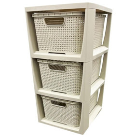 Cream 3 Drawer Stylish Rattan Effect Storage Tower Commode Baskets For Home & Office