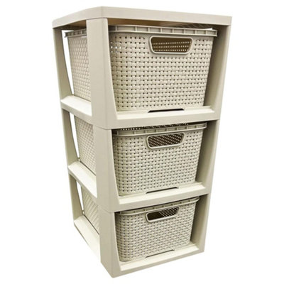 Cream 3 Drawer Stylish Rattan Effect Storage Tower Commode Baskets For Home & Office - 3