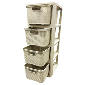 Cream 4 Drawer Stylish Rattan Effect Storage Tower Commode Baskets For Home & Office