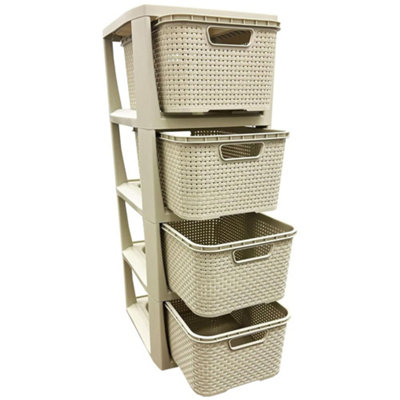Cream 4 Drawer Stylish Rattan Effect Storage Tower Commode Baskets For Home & Office - 3