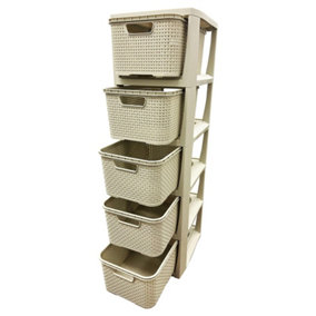 Cream 5 Drawer Stylish Rattan Effect Storage Tower Commode Baskets For Home & Office
