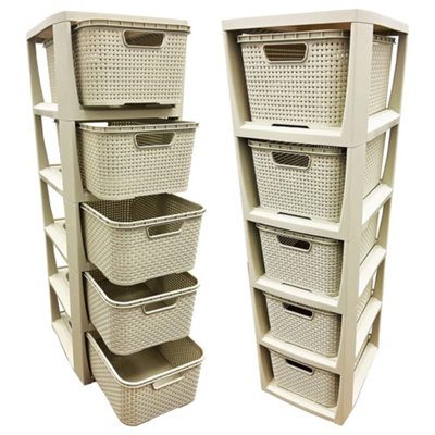 Cream 5 Drawer Stylish Rattan Effect Storage Tower Commode Baskets For Home & Office