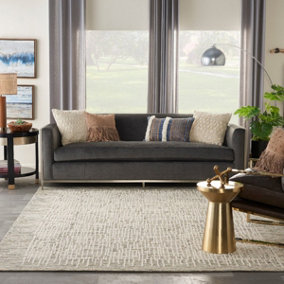 Cream  Abstract Geometrical Handmade Modern Wool Rug for Living Room, Bedroom - 114cm X 175cm