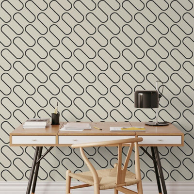 Cream and Black Linear Curve Wavey Lines Neutral Minimalist Feature Wallpaper