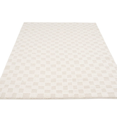Cream Beige Checkered Velvety Soft Rug 190x280cm