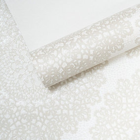 Cream Beige Oriental Wallpaper Thick Textured Metallic Damask Shimmer Effect