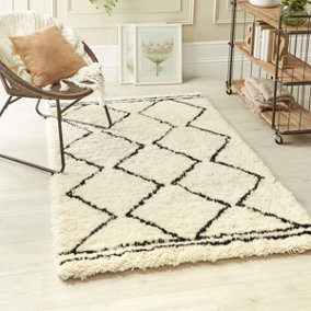 Cream Black Modern Shaggy Moroccan Wool Hand Made Easy To Clean Rug For Living Room Bedroom & Dining Room-120cm X 170cm