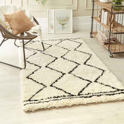 Cream Black Modern Shaggy Moroccan Wool Hand Made Easy To Clean Rug For Living Room Bedroom & Dining Room-80cm X 150cm