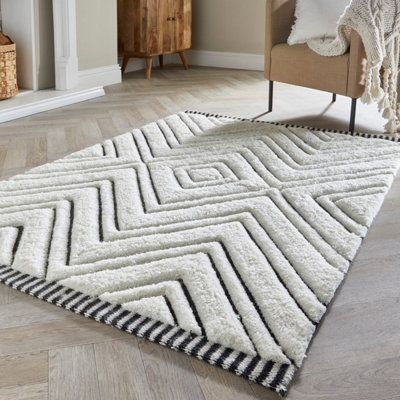 Cream Black Modern , Shaggy , Wool , Moroccan Optical/ (3D) Rug For Bedroom & Living Room-160cm X 230cm