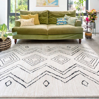 Cream Black Moroccan Berber Diamond Geometric Living Area Rug 120x170cm