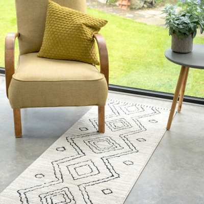 Cream Black Moroccan Berber Diamond Geometric Runner Rug 60x240cm