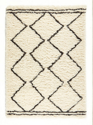 Cream Black Shaggy Rug, Geometric Rug, Moroccan Wool Rug, Modern Rug for Living Room, & Dining Room-80cm X 150cm