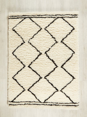 Cream Black Shaggy Rug, Geometric Rug, Moroccan Wool Rug, Modern Rug for Living Room, & Dining Room-80cm X 150cm