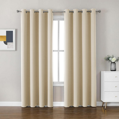 Cream Blackout Eyelet Curtains Ready Made Ring Top Thick Curtain With Tie Backs Easy Care Washable Modern Bedroom Living Room