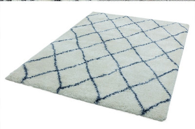 Cream Blue Geometric Shaggy Luxurious Modern Jute Backing Rug for Living Room Bedroom and Dining Room-160cm X 230cm