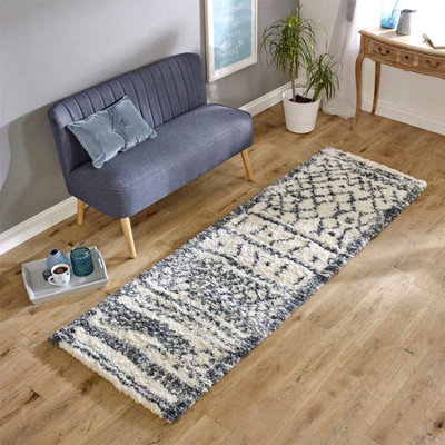 Cream Blue Geometric Shaggy Luxurious Modern Jute Backing Rug for Living Room Bedroom and Dining Room-80 X 240cm (Runner)