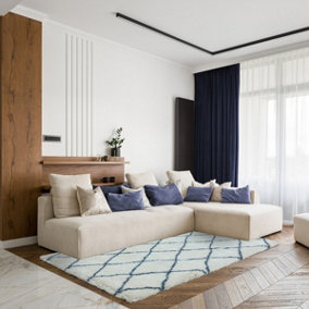 Cream Blue Geometric Shaggy Luxurious Modern Jute Backing Rug for Living Room Bedroom and Dining Room-80 X 240cm (Runner)