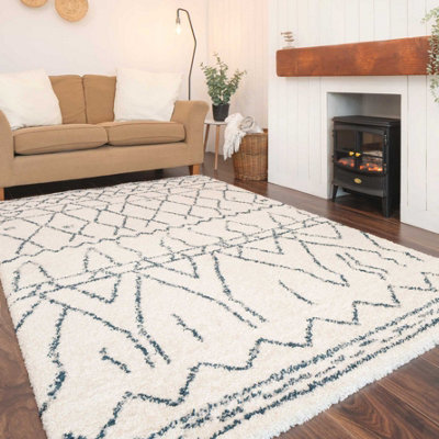 Cream Boho Moroccan Linear Shaggy Living Area Rug 160x230cm