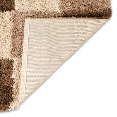 Cream & Brown Checked Thick Shaggy Rug - California - 60x230cm (2'x7'8