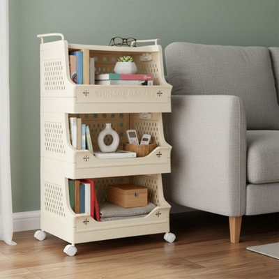 Cream-colored Three-tier Household Living Room Mobile Storage Rack with ...