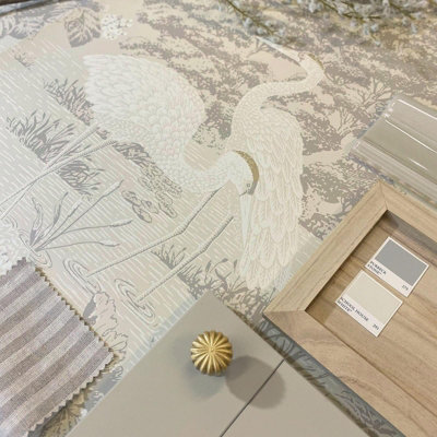 Cream Cranes Wallpaper Metallic Gold White Trees Floral Leaf Birds Feature Wall