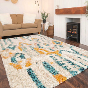 Cream Distressed Abstract Moroccan Shaggy Living Area Rug 200x290cm