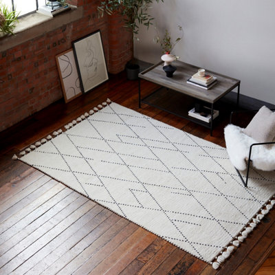 Cream Easy to clean Geometric Modern , Wool Rug for Living Room, Bedroom - 200cm X 290cm
