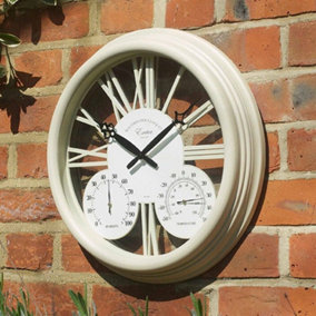 Cream Exeter Wall Clock with Thermometer & Hygrometer - Battery Powered Indoor or Outdoor Quartz Clock with Roman Numerals