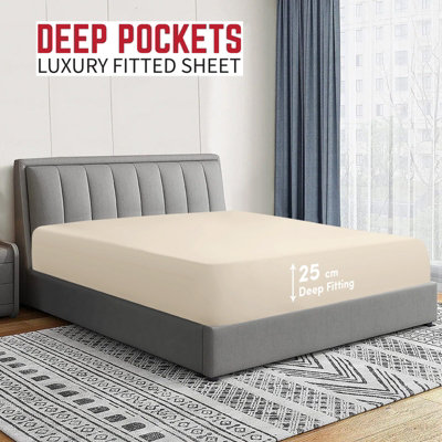 Cream Fitted Sheet Anti Allergic Extra Deep 25 CM Bedsheet Single Double S. King Sizes