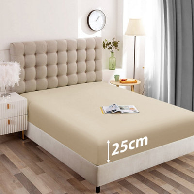 Cream Fitted Sheet Anti Allergic Extra Deep 25 CM Bedsheet Single Double S. King Sizes