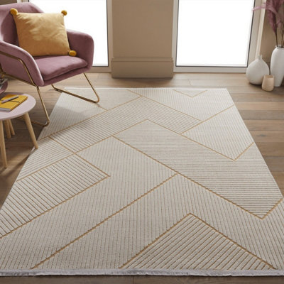 Cream Geometric Striped Modern Easy To Clean Outdoor Rug 190cm X 290cm
