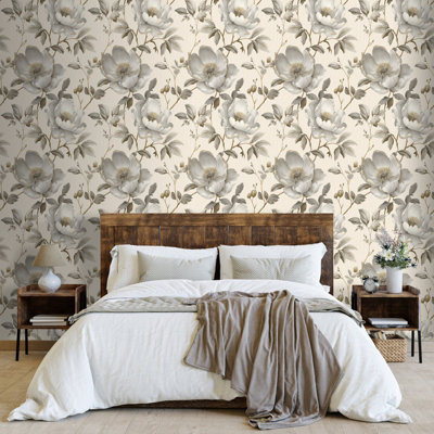 Cream Gold Floral Wallpaper Grey Leaf Textured Metallic Shimmer Bedroom Feature Wall
