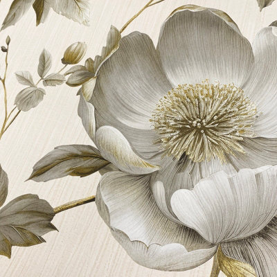 Cream Gold Floral Wallpaper Grey Leaf Textured Metallic Shimmer Bedroom ...