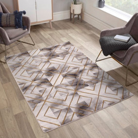 Cream Gold Geometric Modern Chequered Rug Easy to clean Living Room Bedroom and Dining Room -120cm X 170cm