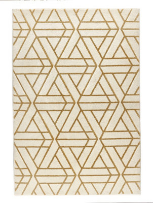 Cream Gold Geometric Modern Easy to Clean Rug for Living Room, Bedroom and Dining Room-160cm X 230cm