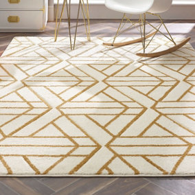 Cream Gold Geometric Modern Easy to Clean Rug for Living Room, Bedroom and Dining Room-80cm X 150cm