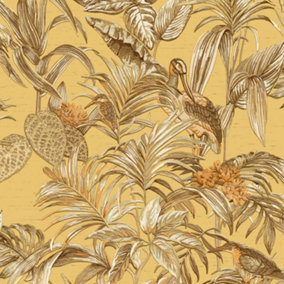 Cream Gold Tropical Wallpaper Birds Palm Textured Paste the Wall Vinyl