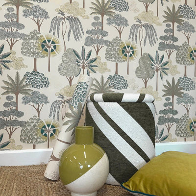 Cream Green Floral Wallpaper Botanical Forest Trees Leaves Gold Metallic Shimmer