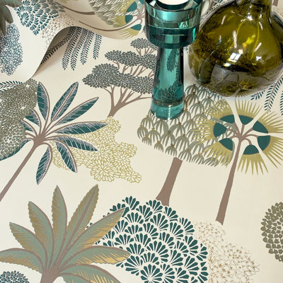 Cream Green Floral Wallpaper Botanical Forest Trees Leaves Gold ...