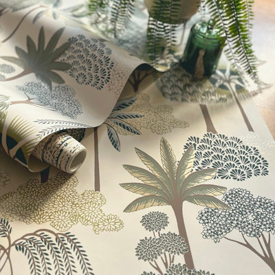 Cream Green Floral Wallpaper Botanical Forest Trees Leaves Gold ...