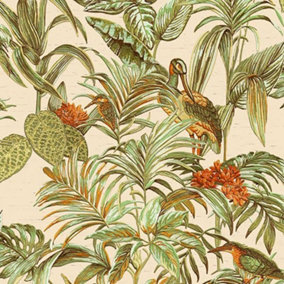 Cream Green Orange Tropical Wallpaper Birds Palm Textured Paste the Wall Vinyl