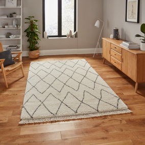 Cream Grey Chequered Kilim Modern Shaggy Moroccan Rug for Living Room Bedroom and Dining Room-120cm X 170cm