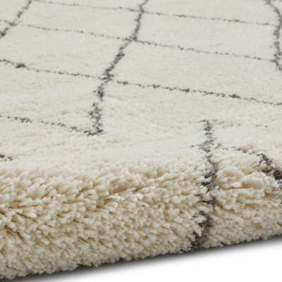 Cream Grey Chequered Kilim Modern Shaggy Moroccan Rug for Living Room Bedroom and Dining Room-200cm X 290cm