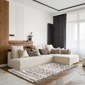 Cream Grey Geometric Luxurious Modern Shaggy Easy To Clean Dining Room Rug-120cm X 170cm