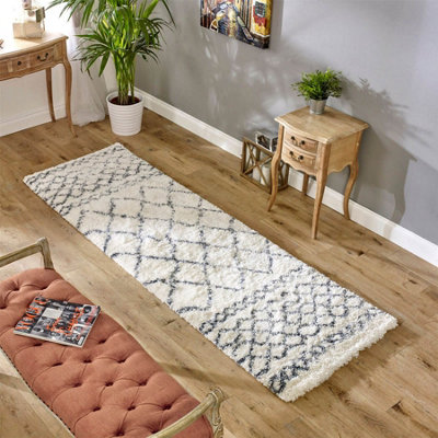 Cream Grey Geometric Luxurious Modern Shaggy Easy To Clean Dining Room Rug-80 X 240cm (Runner)