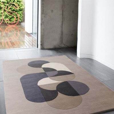 Cream Grey Handmade Abstract Geometric Wool 12-14mm Thick Stain-Resistant Rug For Bedroom, & Dining Room-200cm X 300cm