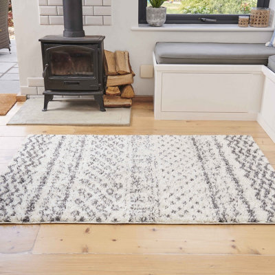 Cream Grey Neutral Aztec Scandi Shaggy Living Area Rug 180x270cm