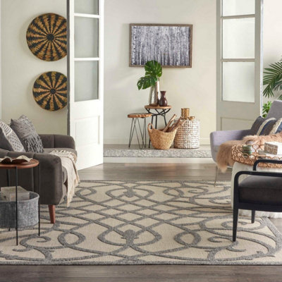Cream Grey Outdoor Rug, Abstract Optical/ (3D) Stain-Resistant Rug For Patio Decks, Modern Outdoor Area Rug-122cm X 183cm