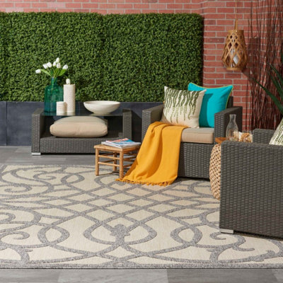 Cream Grey Outdoor Rug, Abstract Optical/ (3D) Stain-Resistant Rug For ...